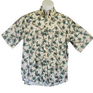Vintage Bugle Boy Aloha Golf Shirt Men's M Tan Blue Palms Button Pocket Cotton